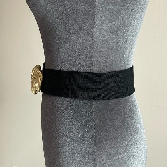 Vintage Waist Belt- 3d puffy Clasp - Gold Fabric- Black Stretch M/L, some wear - Picture 6 of 8